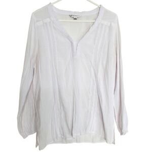 White Pintuck Blouse Breezy Lightweight V Neck Texture‎ Long Sleeve Casual Lg
